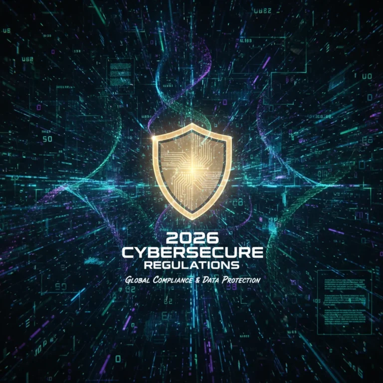Digital shield protecting interconnected networks symbolizing 2026 cybersecurity regulations.