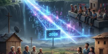 Illustration of diverse communities reaching for a digital bridge, symbolizing the 2026 digital divide and the ongoing efforts to connect all US households.
