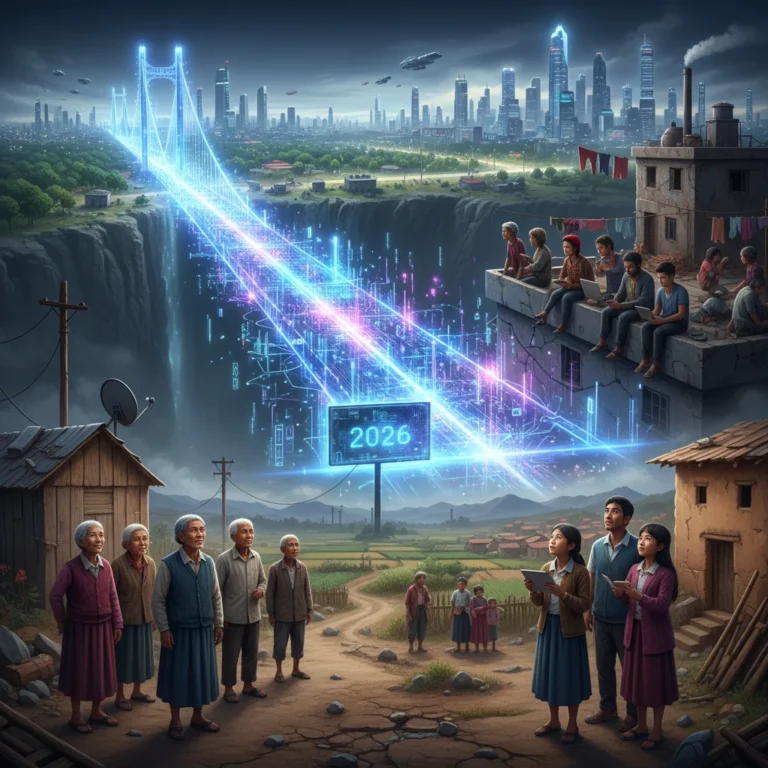 Illustration of diverse communities reaching for a digital bridge, symbolizing the 2026 digital divide and the ongoing efforts to connect all US households.