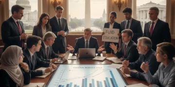 Government officials and citizens debating the 2026 Federal Budget, economic charts