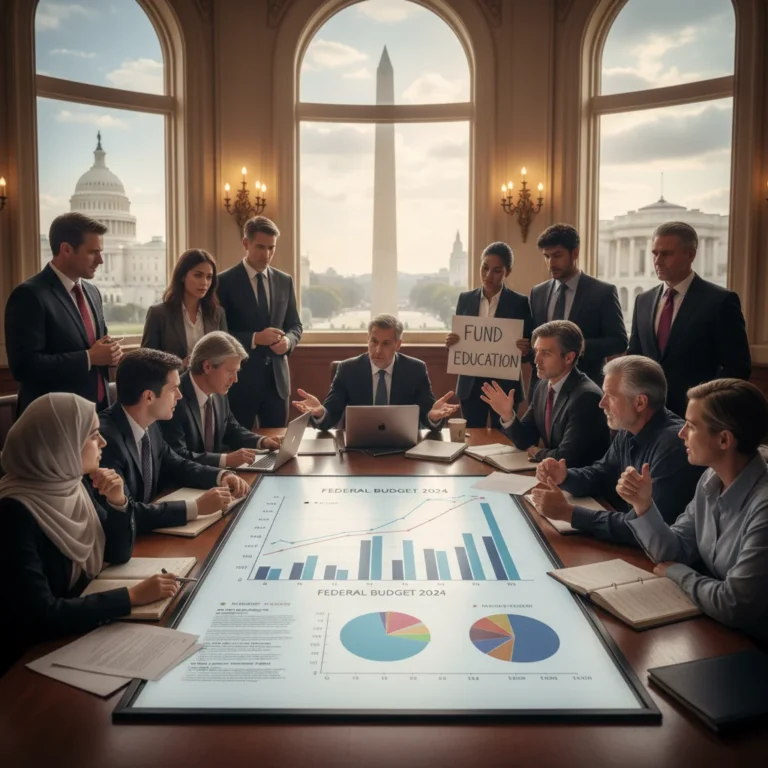 Government officials and citizens debating the 2026 Federal Budget, economic charts