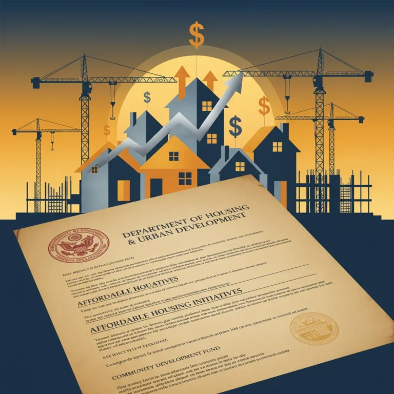 Illustration of federal housing programs impacting 2026 real estate market with affordability challenges and new construction.
