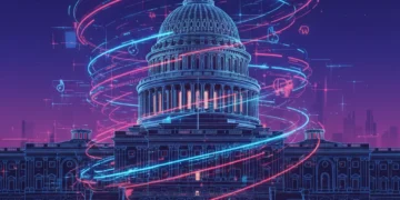 United States Capitol building with digital data streams, symbolizing the 2026 Midterm Elections and political power shifts.