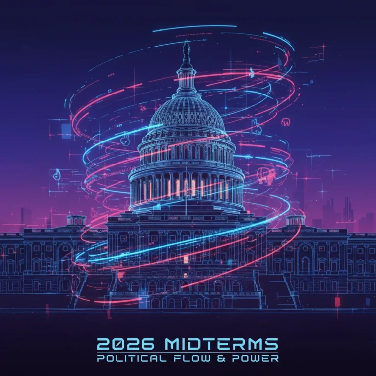 United States Capitol building with digital data streams, symbolizing the 2026 Midterm Elections and political power shifts.