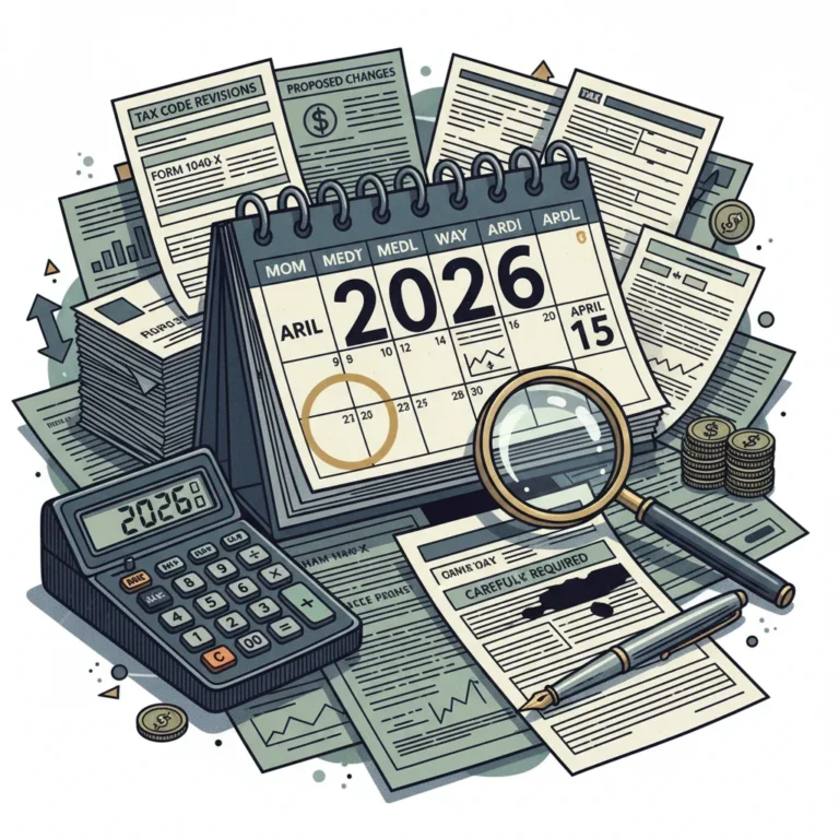 Illustration of 2026 calendar with tax documents and calculator, symbolizing upcoming tax code revisions.
