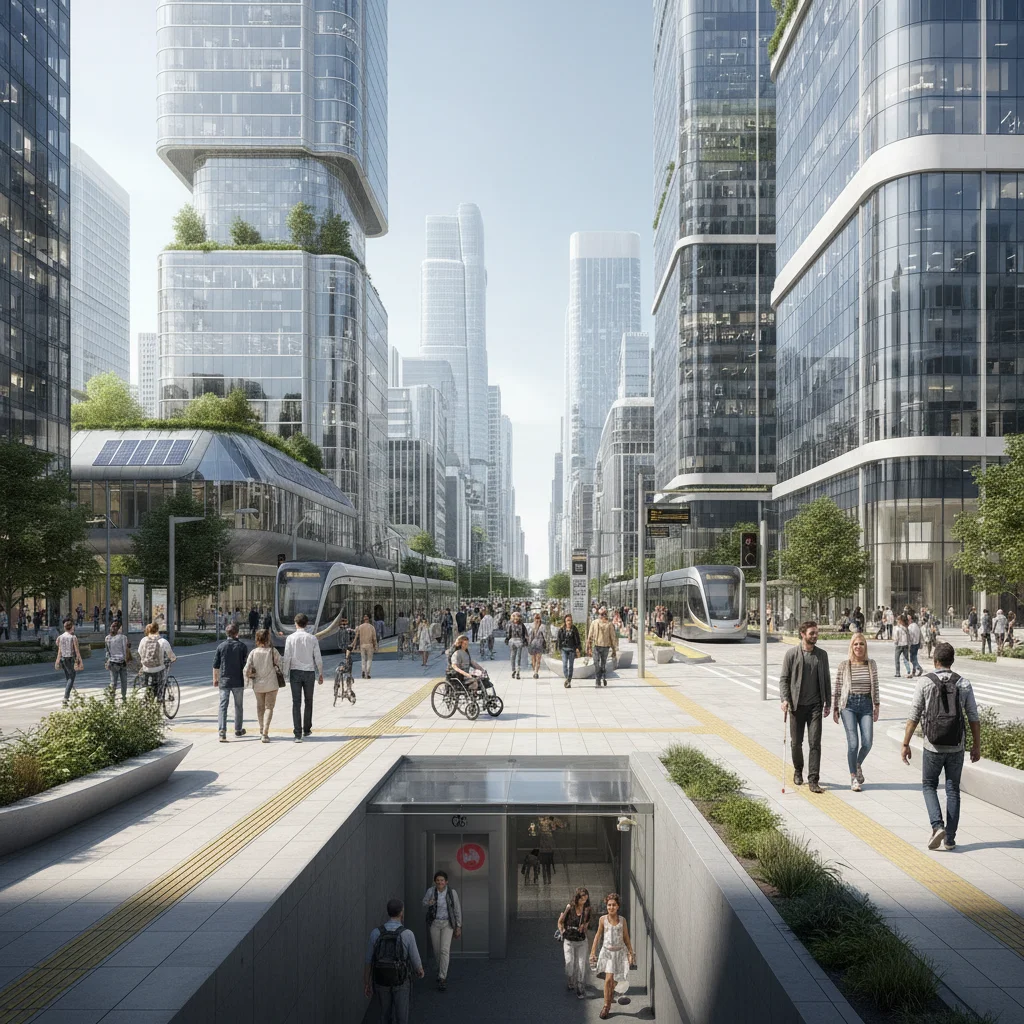 Modern cityscape with accessible infrastructure and independent individuals