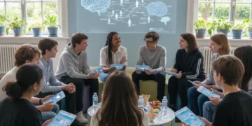Adolescents participating in a community-based mental health support group, blending digital and in-person interaction.