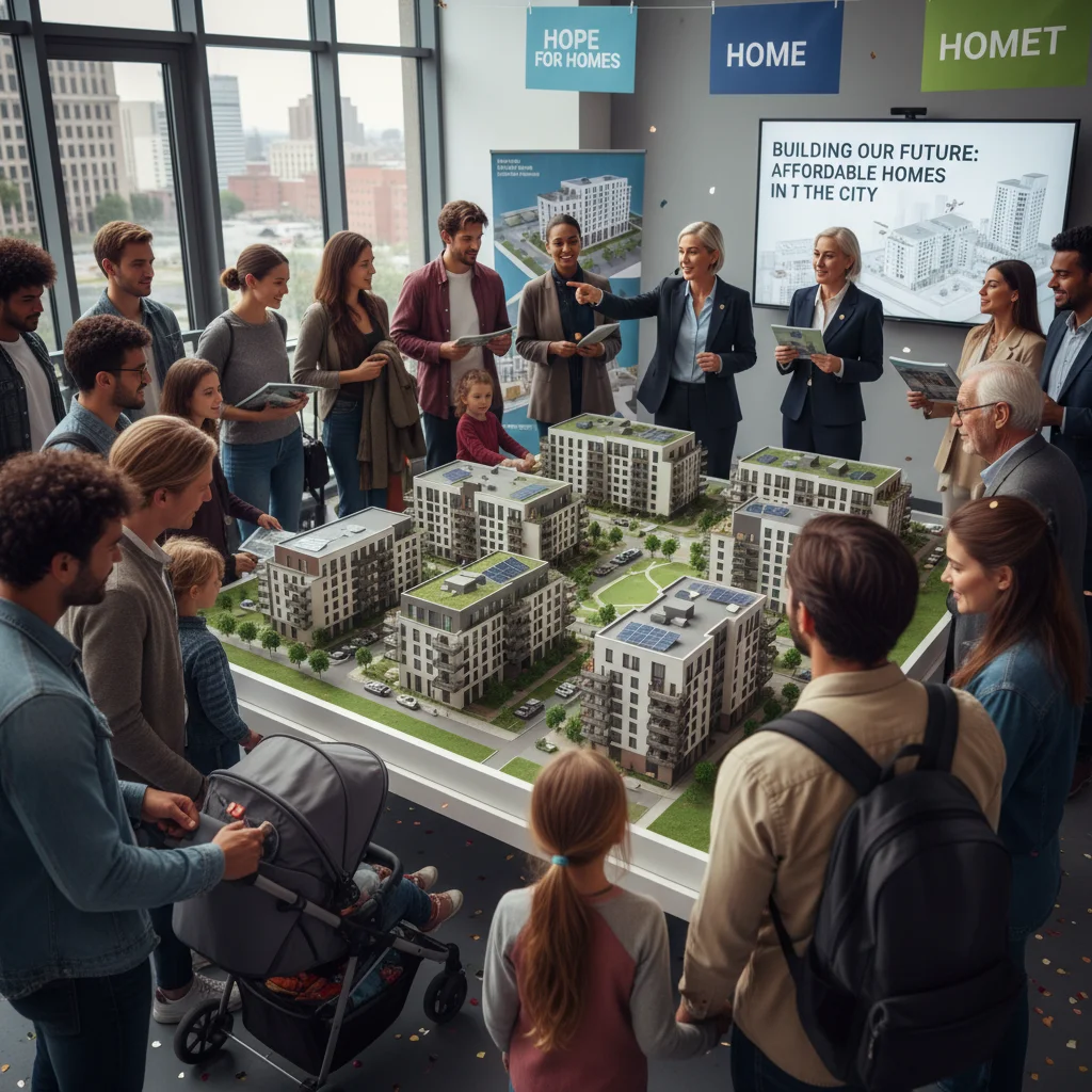 Community members engaging with a model of new affordable housing developments supported by federal initiatives.