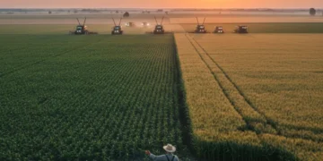 Farmer overlooking vibrant fields at dawn, symbolizing the 2026 agricultural outlook and new policy impacts.
