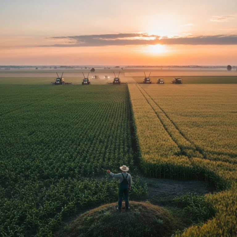 Farmer overlooking vibrant fields at dawn, symbolizing the 2026 agricultural outlook and new policy impacts.