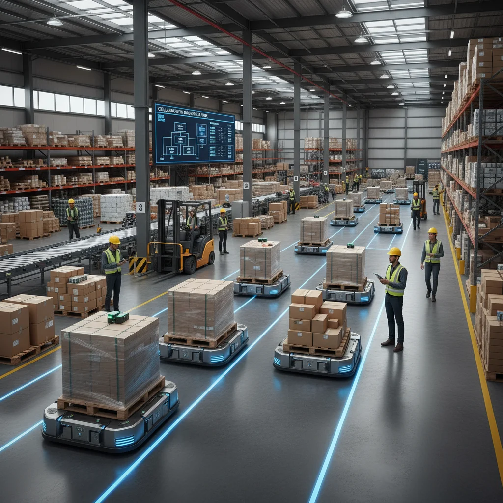 Fleet of autonomous guided vehicles (AGVs) efficiently moving pallets in a large warehouse.