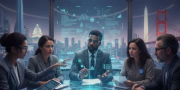 Diverse group discussing ethical AI guidelines in a futuristic US setting