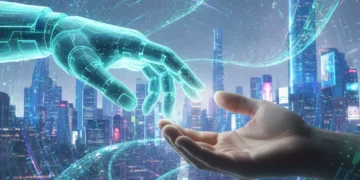 Human hand connecting with a glowing digital AI hand, symbolizing future AI companionship in the US.