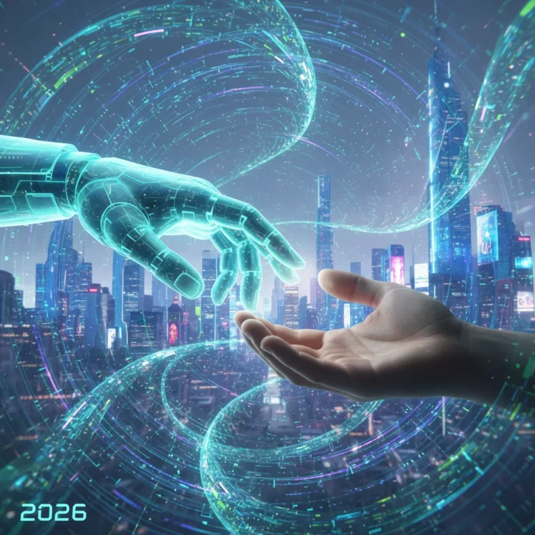 Human hand connecting with a glowing digital AI hand, symbolizing future AI companionship in the US.