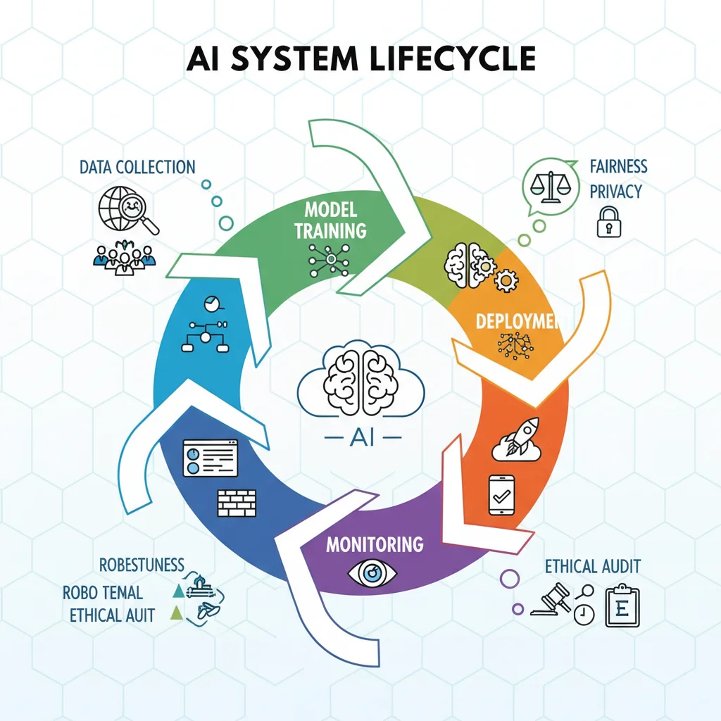 AI system lifecycle with ethical considerations at each stage.