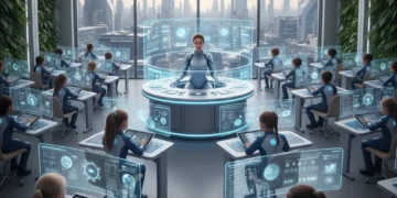 Students learning with AI-powered educational technology in a modern classroom setting.