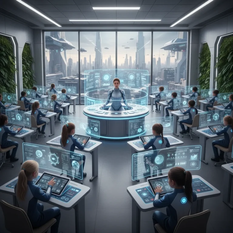 Students learning with AI-powered educational technology in a modern classroom setting.