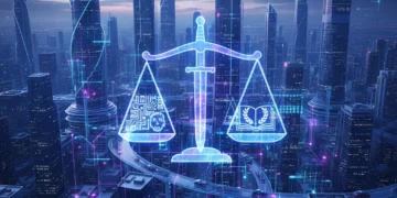 Scales of justice balancing AI innovation and ethical concerns in a futuristic digital environment.