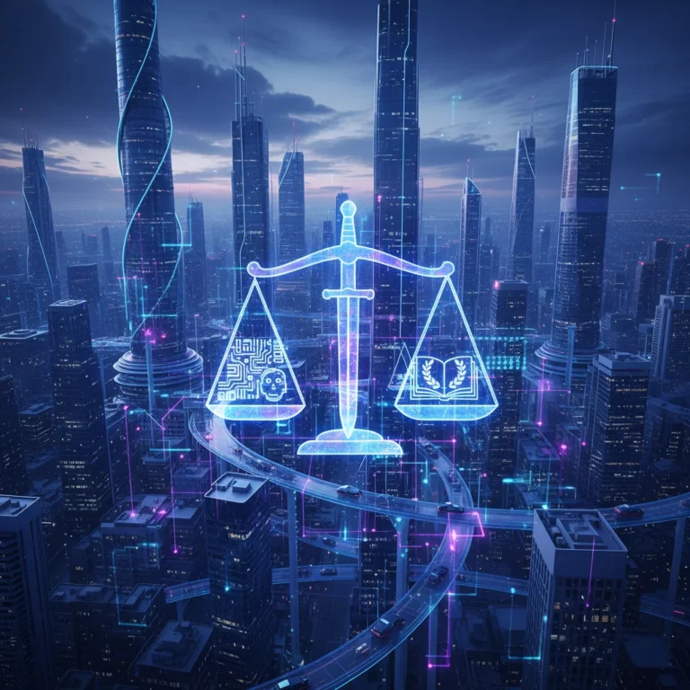 Scales of justice balancing AI innovation and ethical concerns in a futuristic digital environment.
