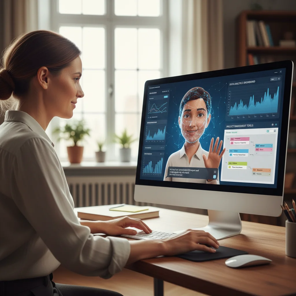 AI virtual assistant helping a remote worker with data analysis and project management on a computer screen.