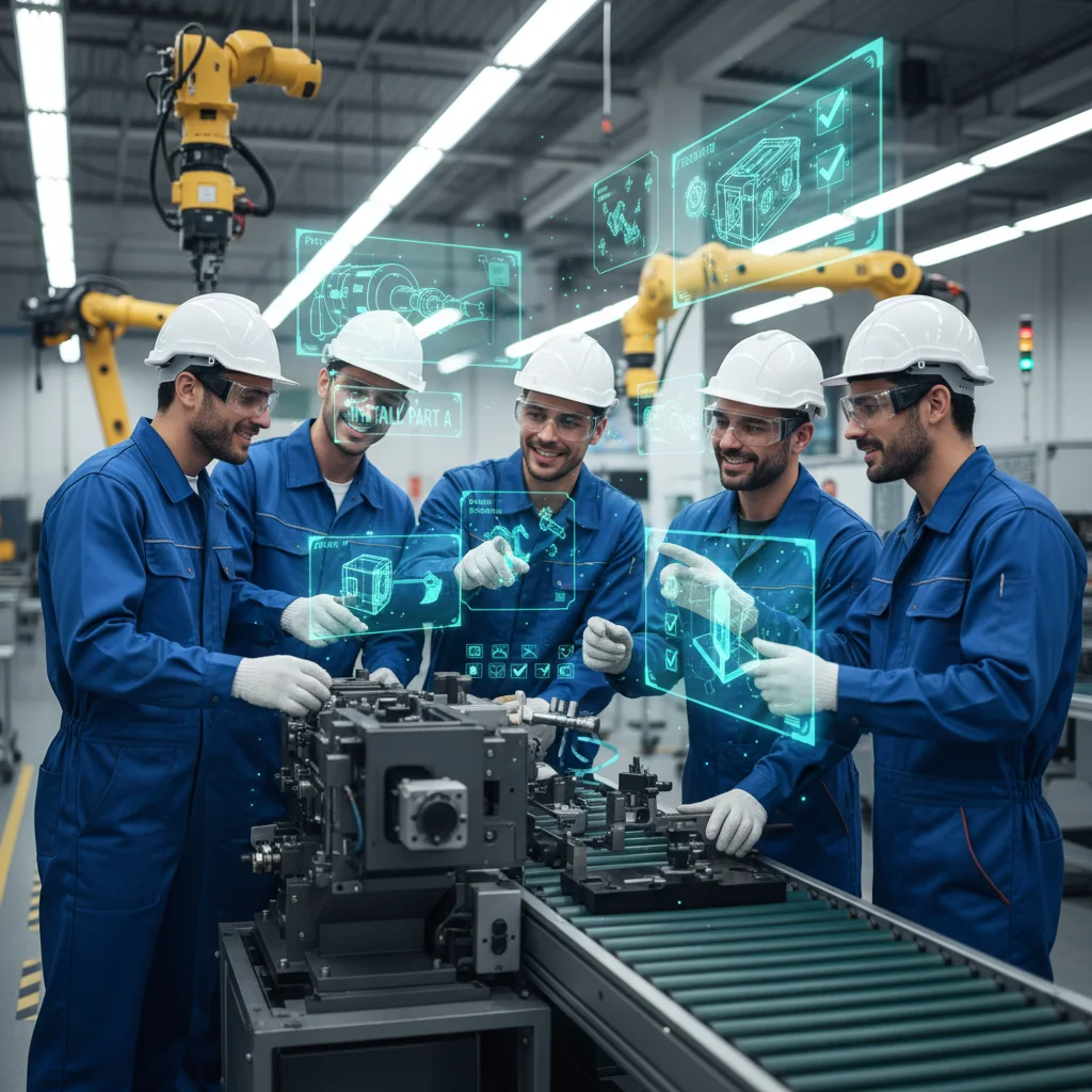 Manufacturing team learning with AR glasses for complex assembly