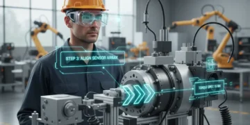 Technician using AR headset for machine assembly in manufacturing