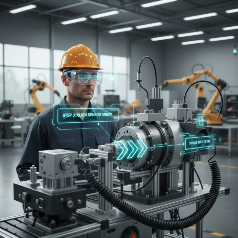 Technician using AR headset for machine assembly in manufacturing