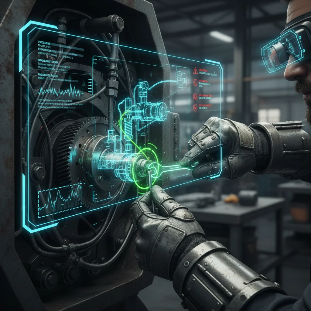 Worker's hands performing maintenance with AR real-time data overlay