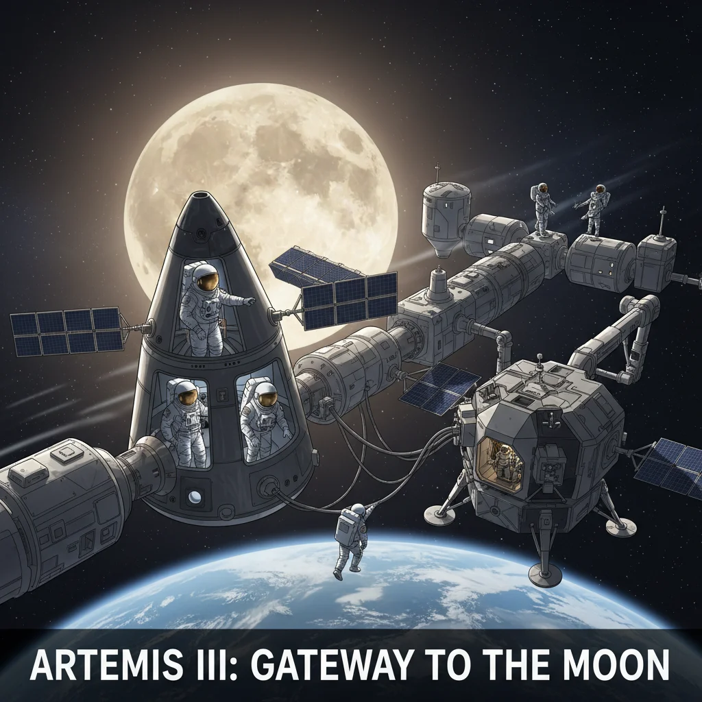 Artemis III Orion capsule docking with Lunar Gateway, astronauts preparing for moon landing.