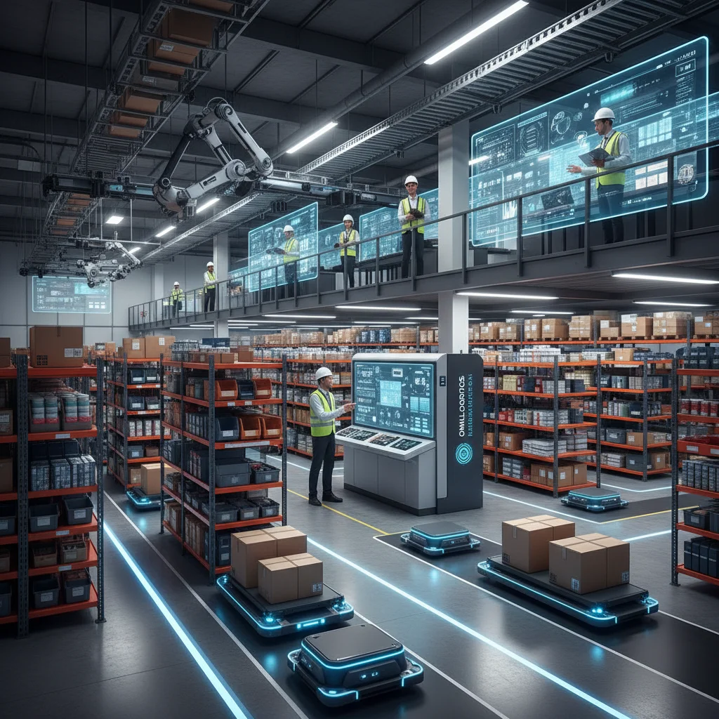 Automated warehouse with robots and efficient logistics operations