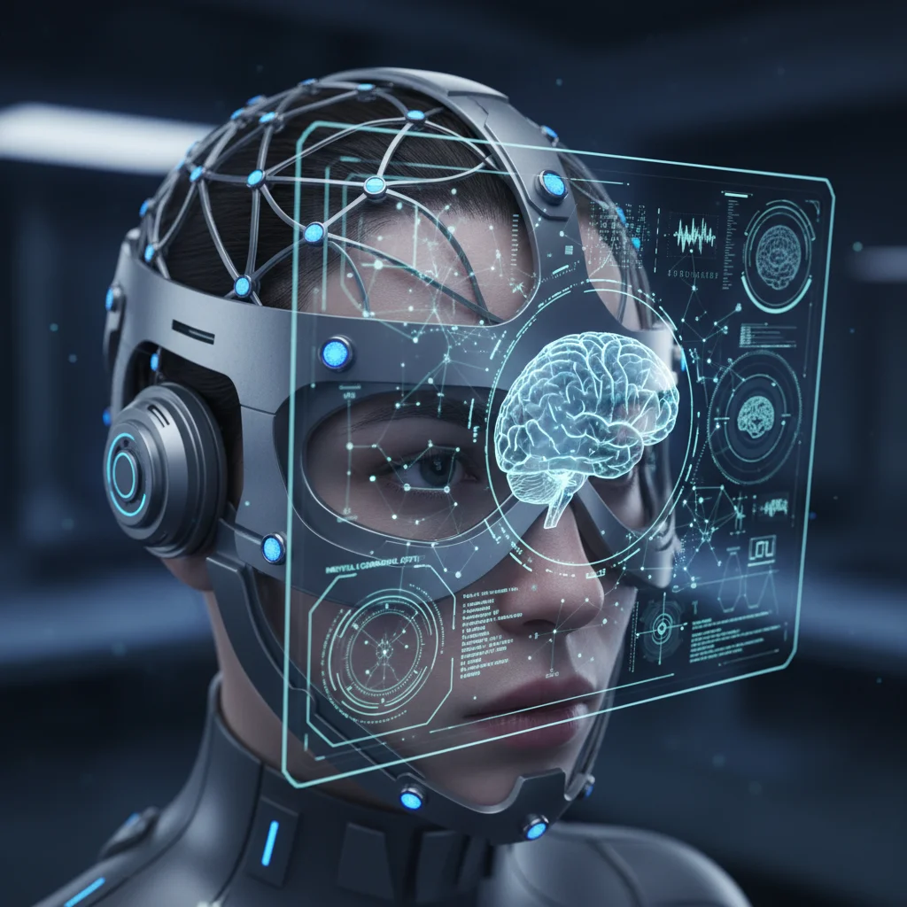 Close-up of BCI headset with glowing sensors and holographic display