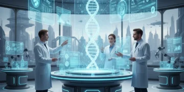 Scientists analyzing bio-integrated healthcare data on holographic screens in a modern lab.