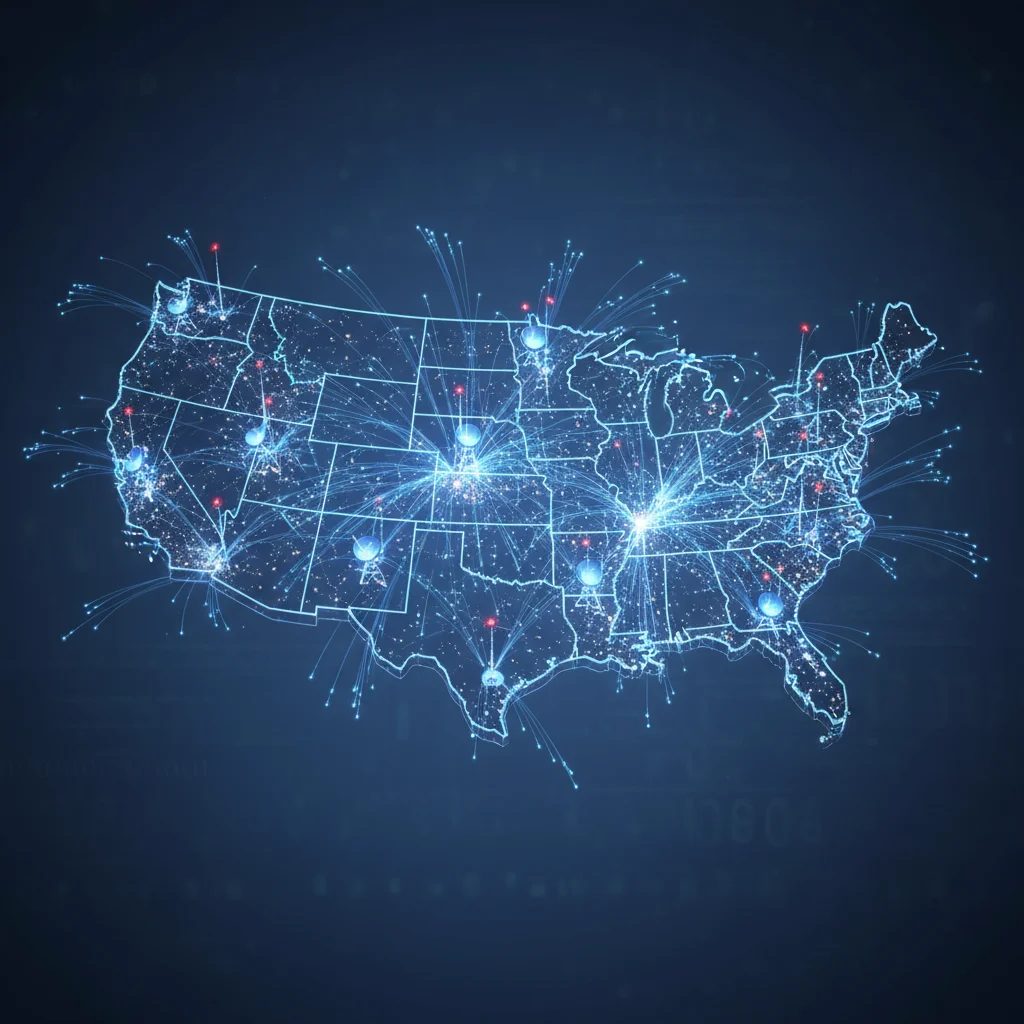 Map of US showing uneven broadband infrastructure, with bright connected areas and dark isolated regions, depicting the digital divide.