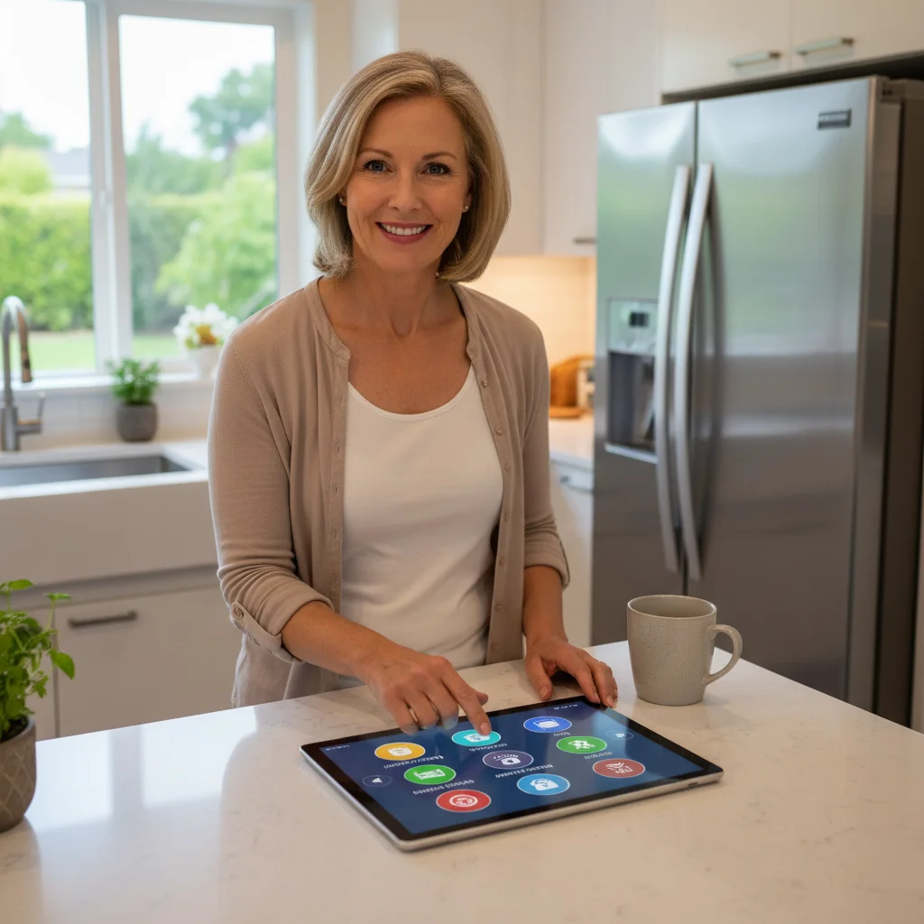 Central smart home hub displaying connected devices in a kitchen