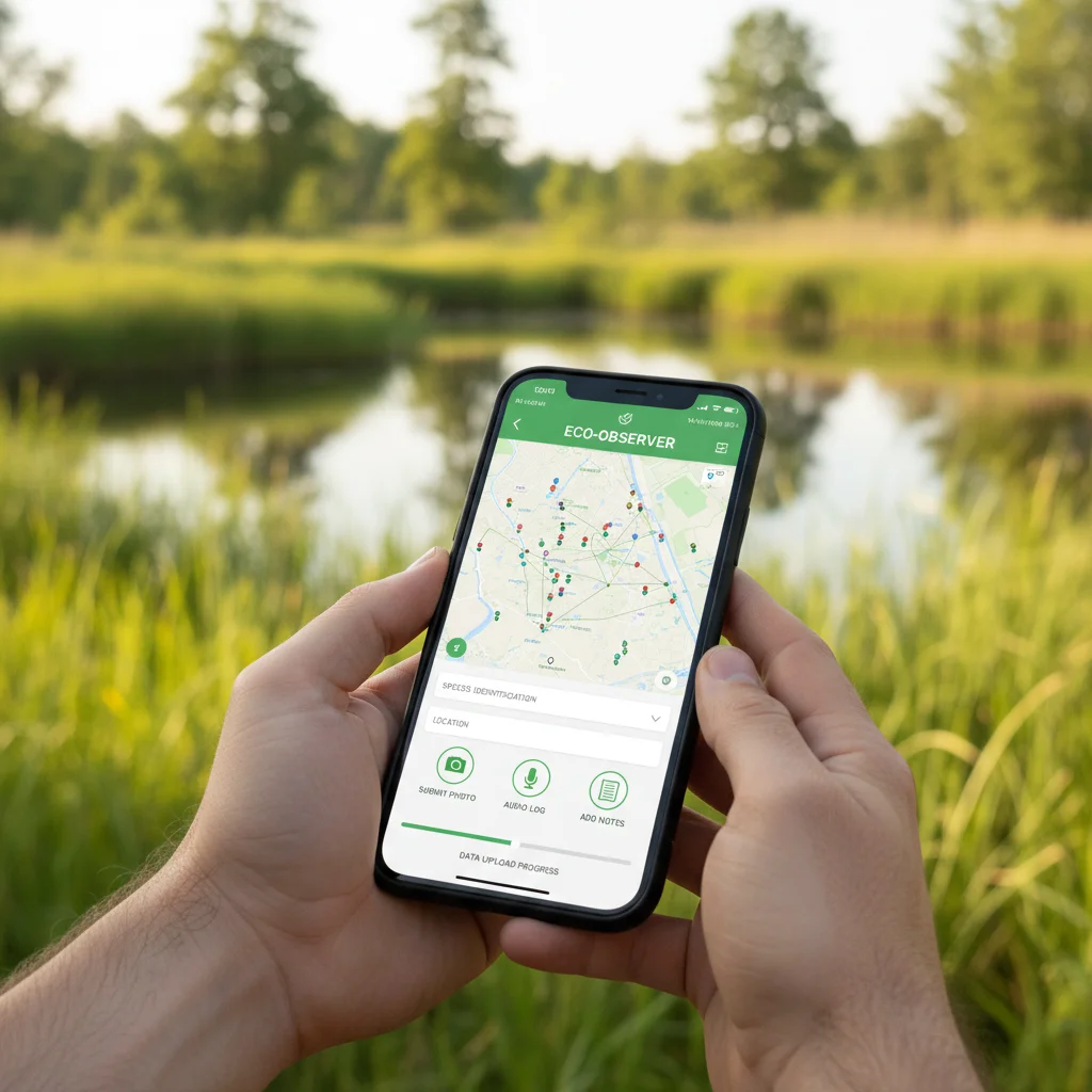 Hands using a smartphone app for citizen science data collection in a natural environment.