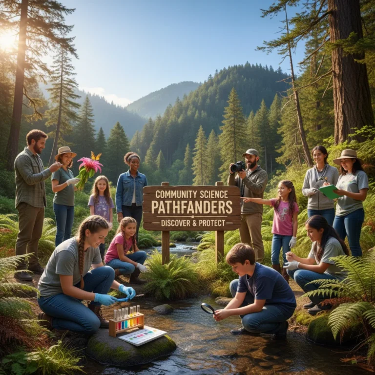 Diverse citizen scientists collecting environmental data in a natural habitat, symbolizing community and scientific impact.