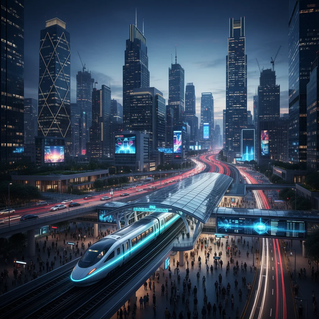 Bustling city skyline at night with high-speed train and modern architecture