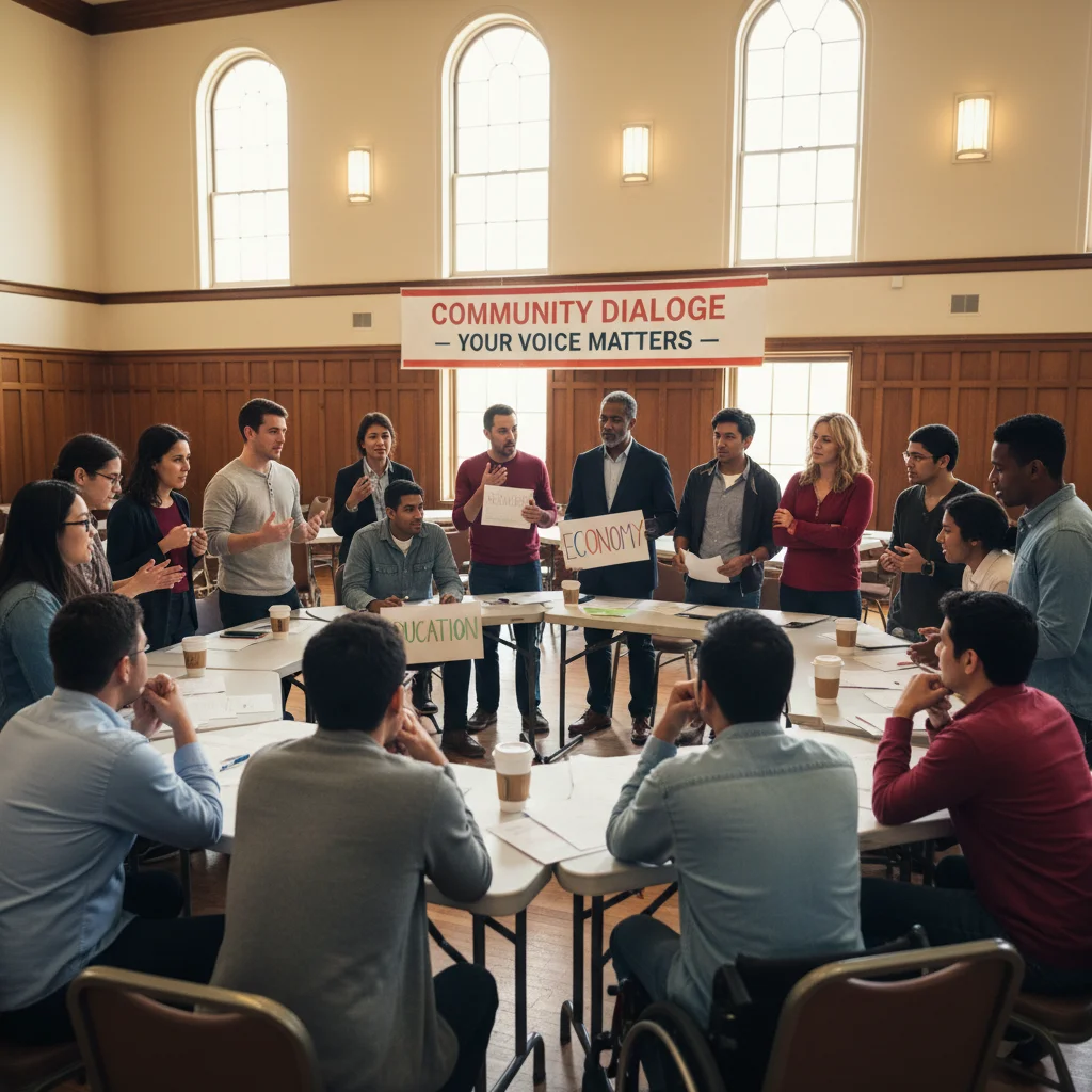 Diverse group of citizens discussing political issues in a community setting, symbolizing civic engagement and policy debates.