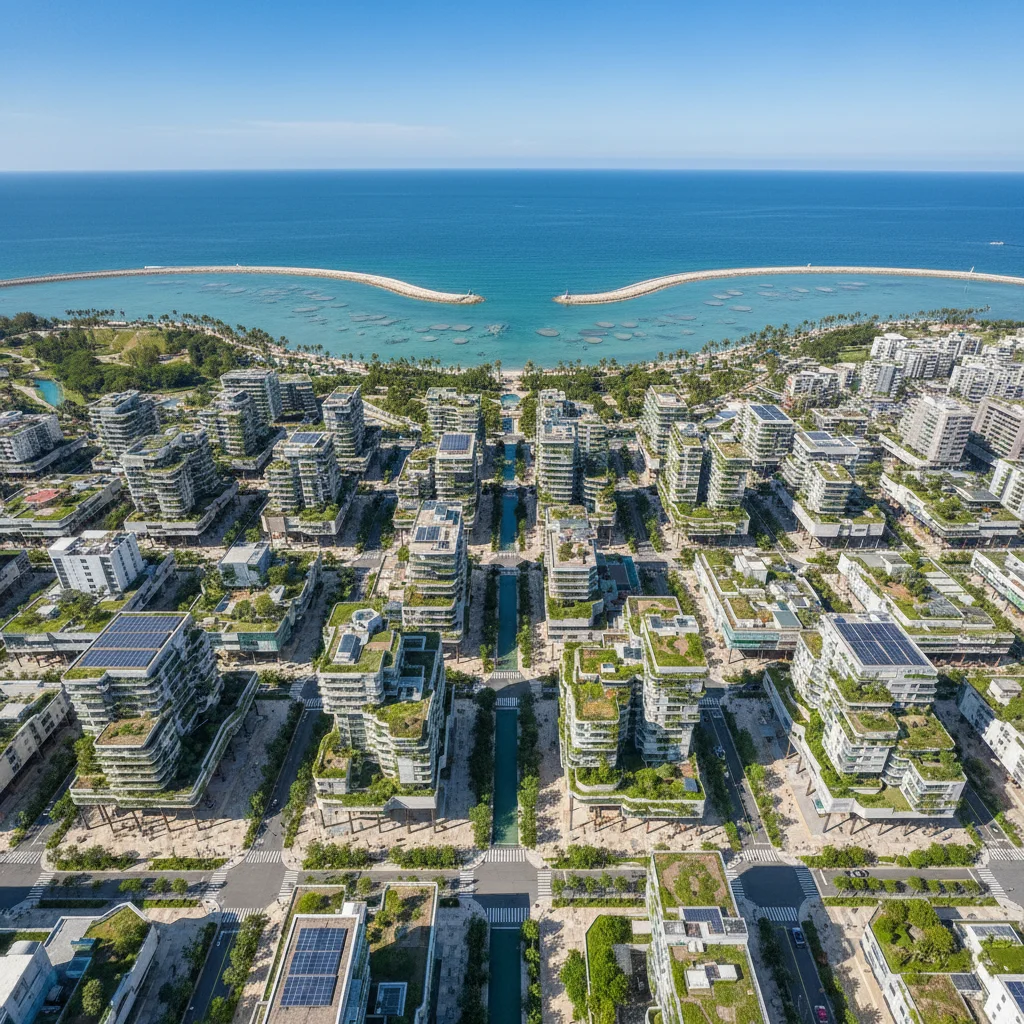 Coastal city with advanced flood defense systems and green infrastructure.