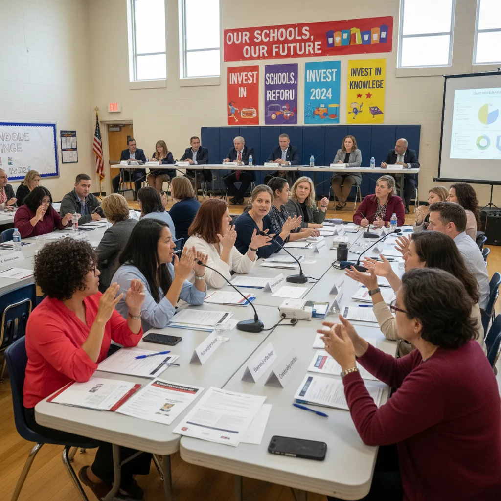 Community members discussing education policy and funding in a town hall meeting.
