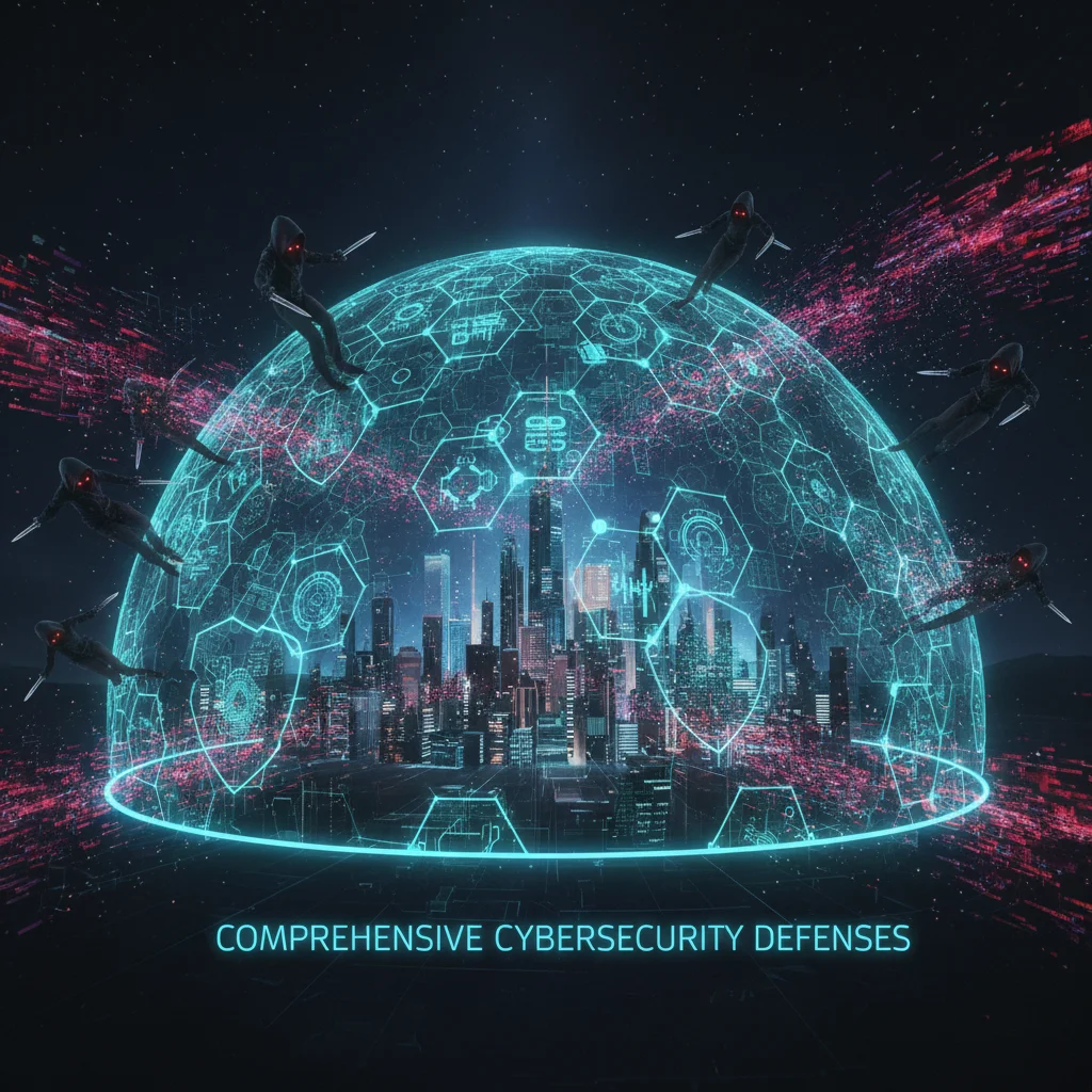 Digital shields forming a protective network against cyber threats and malicious code.