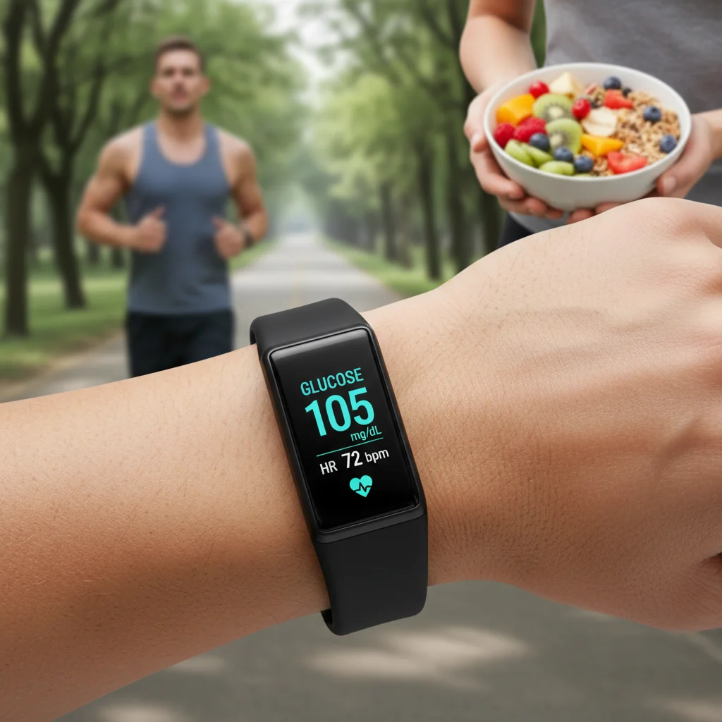 Close-up of a wearable device continuously monitoring glucose and heart rate.