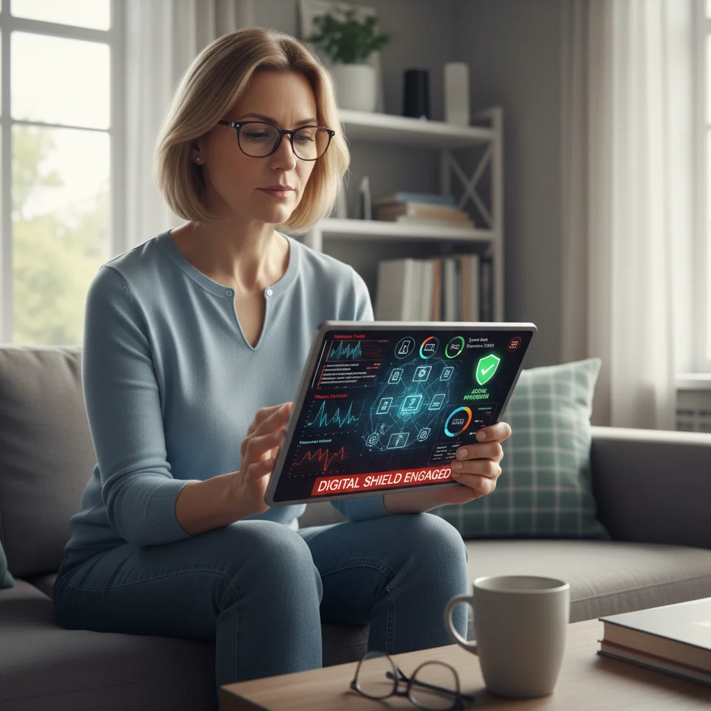 Homeowner monitoring smart home cybersecurity dashboard on tablet.
