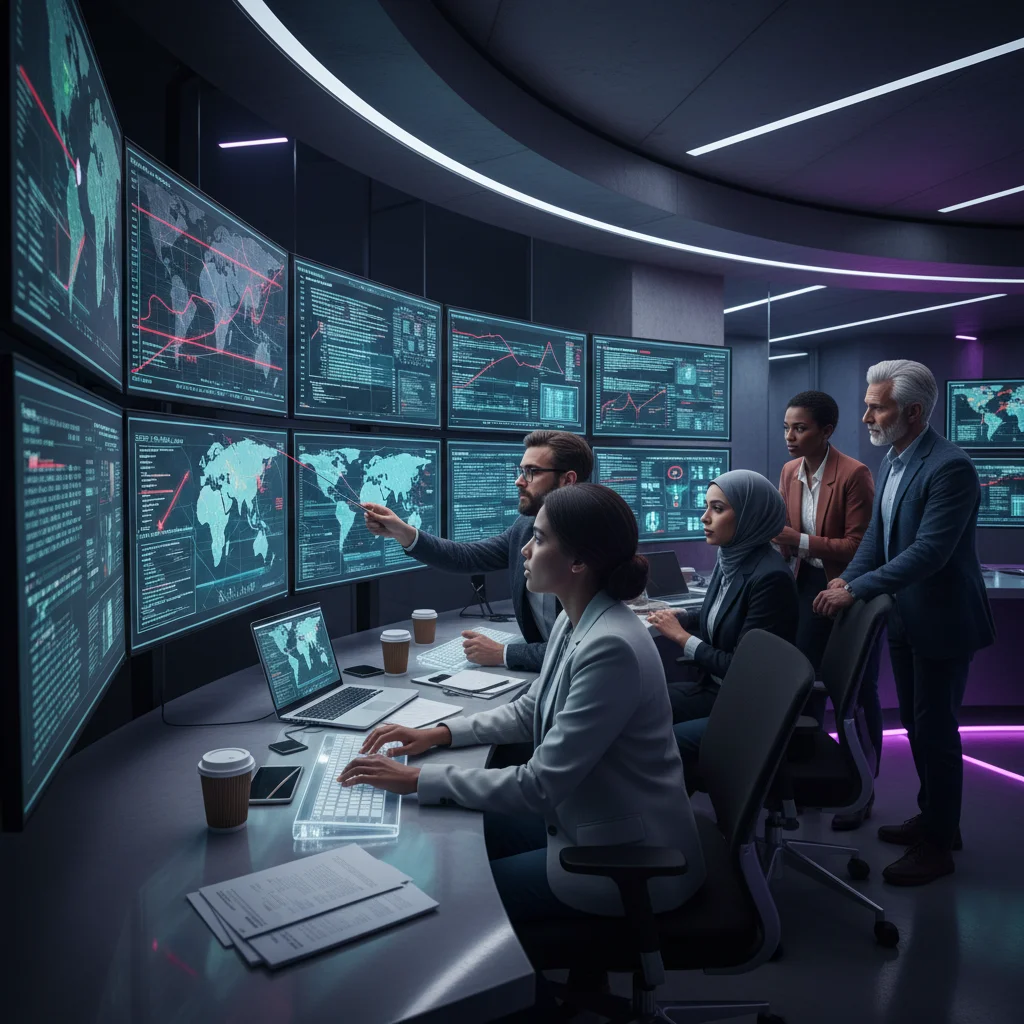 Cybersecurity experts monitoring threat intelligence in a control room, collaborating on new protocols.