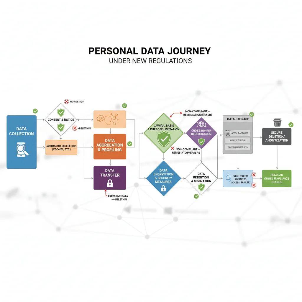 Data flow diagram with regulatory checkpoints, illustrating compliance with US digital privacy laws.