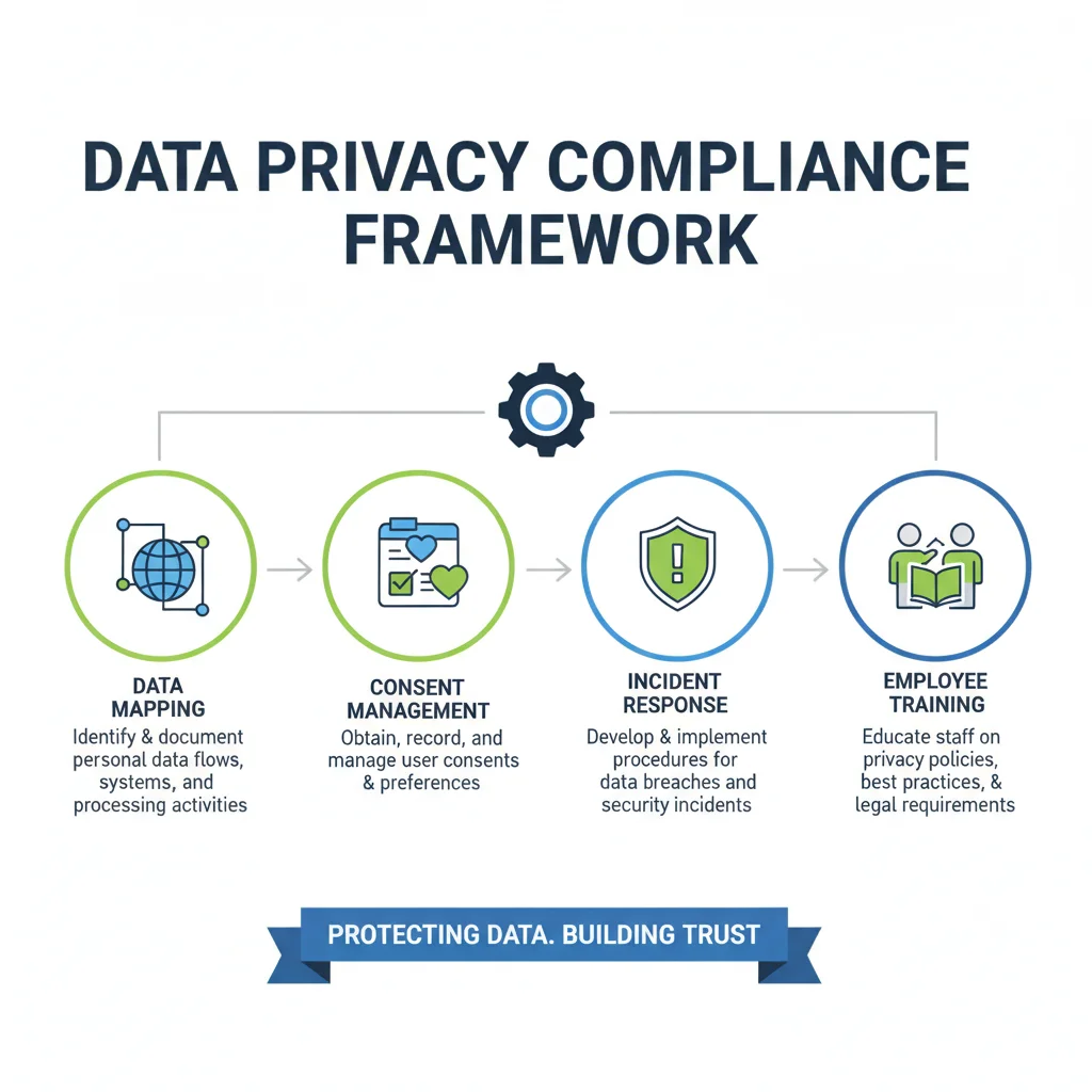 Infographic showing data privacy compliance framework elements.