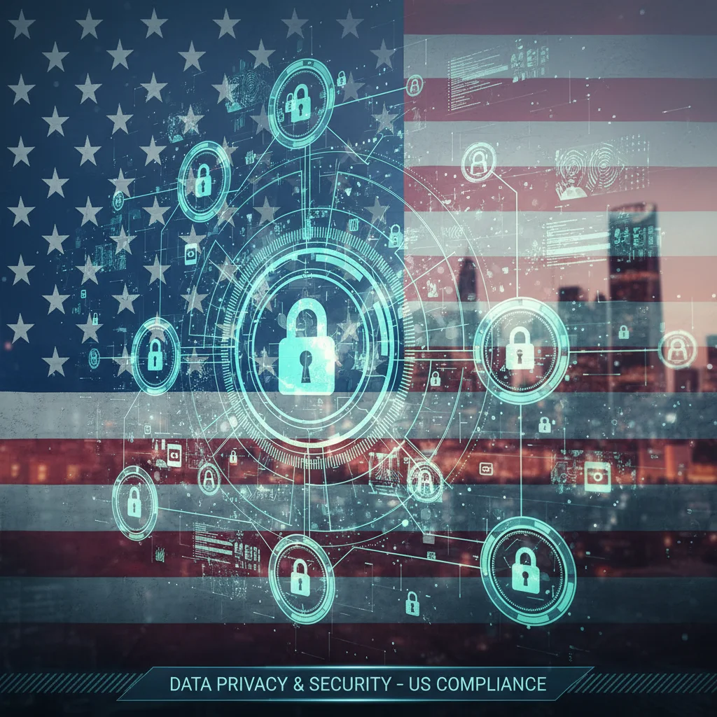 Digital locks and shields protecting personal data with US flag integration