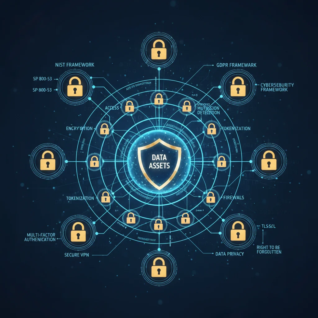 Network diagram showing data security, encryption, and compliance frameworks for digital identity