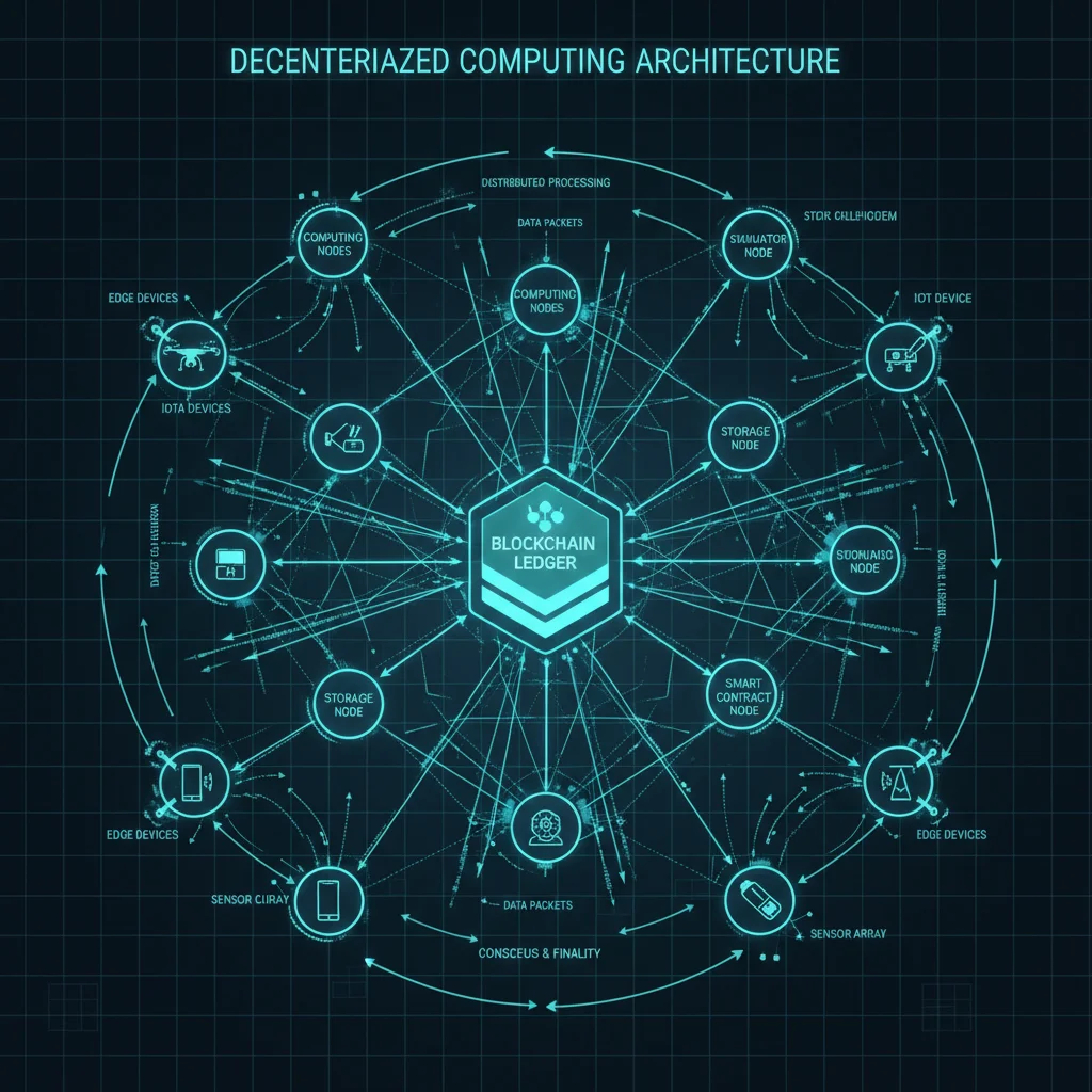 Decentralized computing architecture diagram with interconnected nodes