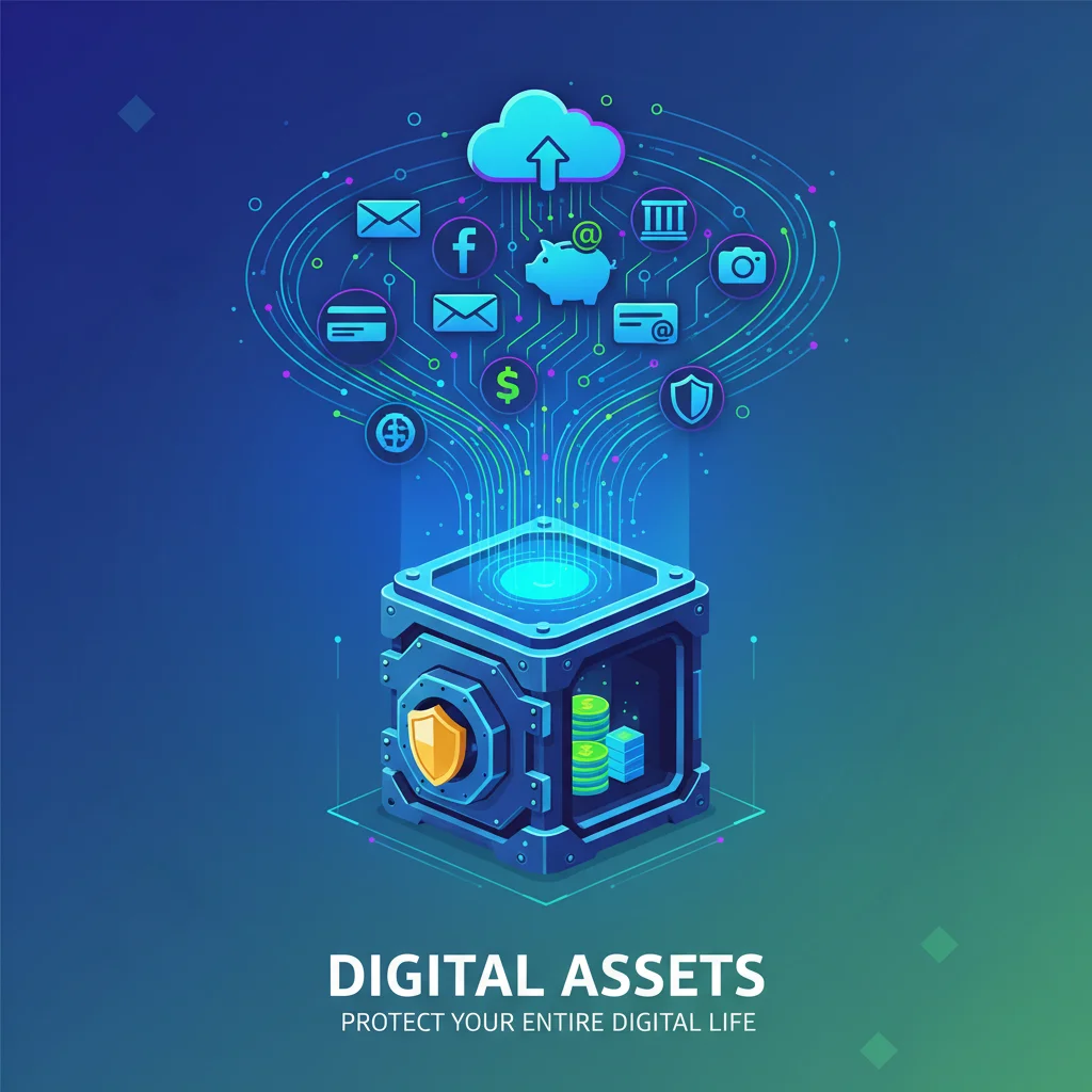 Infographic illustrating various digital assets connecting to a secure digital vault.